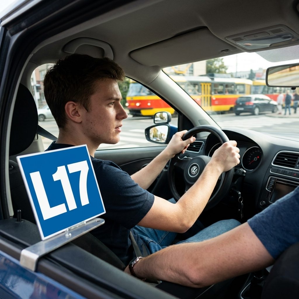 Sedmnáctiletý žák Autoškoly K5 za volantem s označením L17