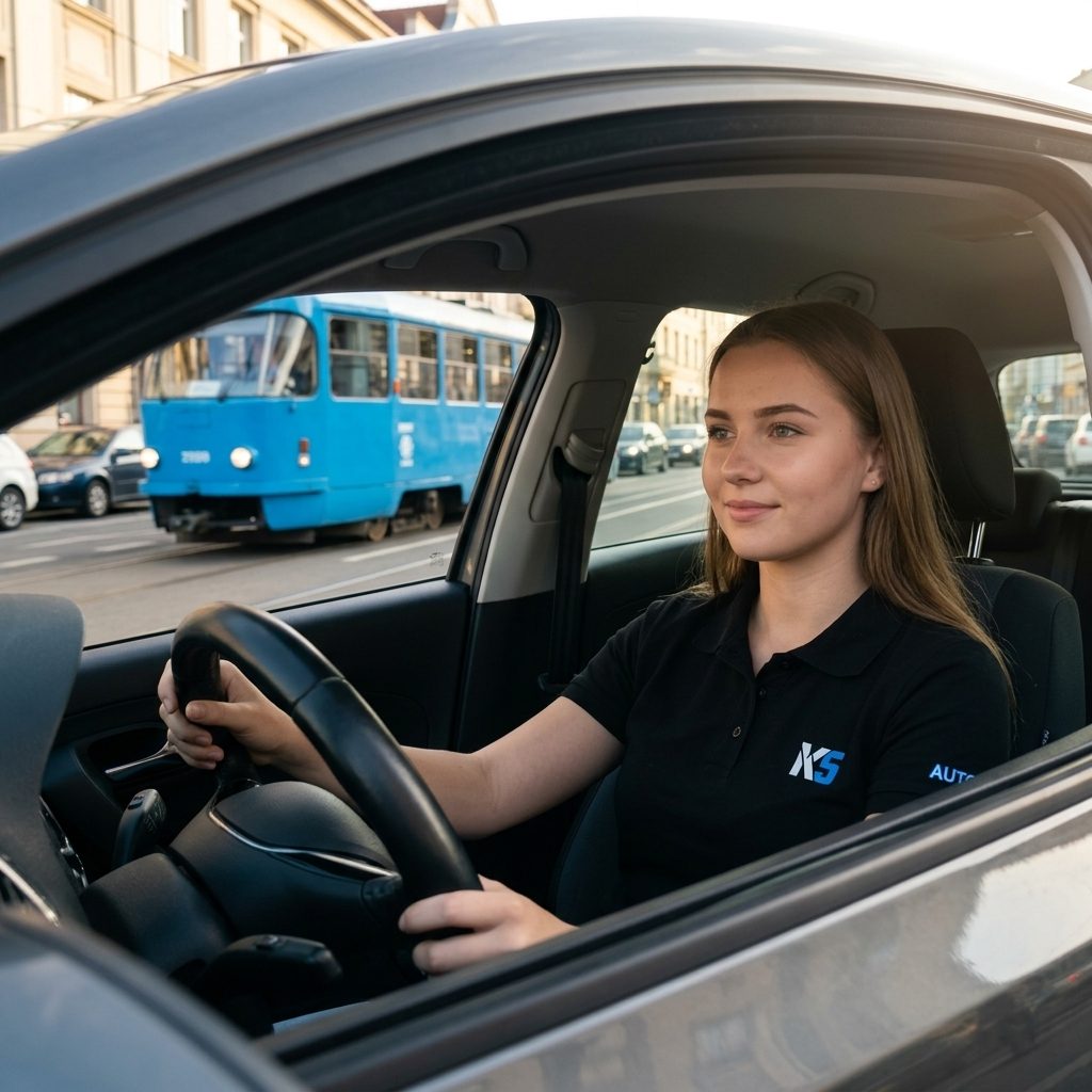 Žákyně za volantem v ostravském provozu s tramvají v pozadí