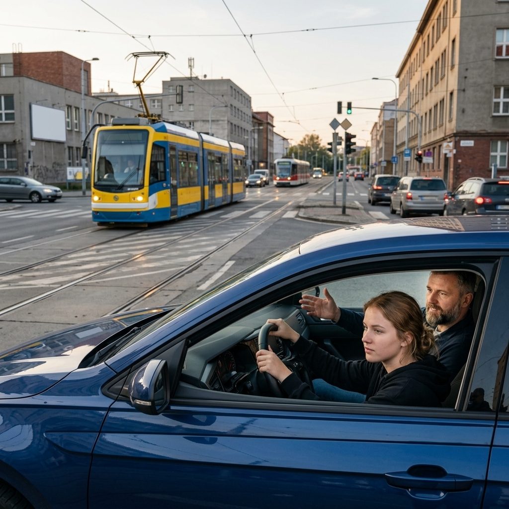 Výuka v Ostravě — křižovatka s tramvajovou tratí